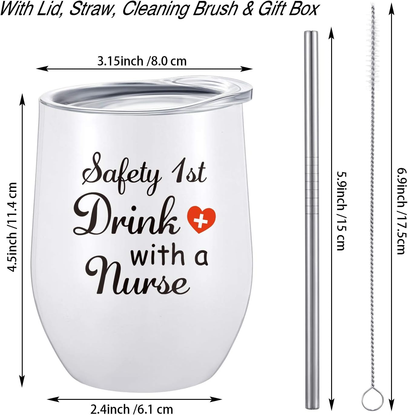 2 Pack Well-Designed Nurse Gifts for Women, Safety 1St Drink with a Nurse, Nurses Week Graduation Birthday Gift for Nurse Coworker, 12 Oz Nurse Wine Tumbler with Lid, Straw and Brush (White)