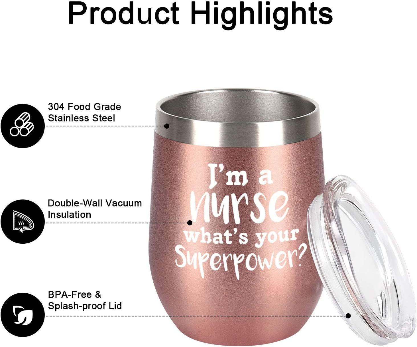 Nurse Day Idea for Women, Wine Tumbler with Lid and Straw, I'M a Nurse Stainless Steel Wine Tumbler Funny Nurse Idea for Nurses Week, Graduation, New Nurse(12 Oz, Rose Gold)