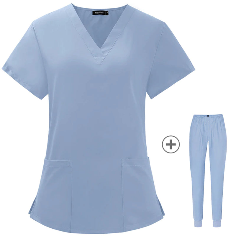 Operating Room Medical Uniforms Women Scrubs Clothes Sleeve V-Neck Workers T-Shirt Tops Summer Uniformes Medical Accessories