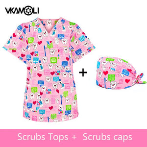 New Medical Scrubs Uniform Nursing Women T Shirt Dental Clinic Doctor Working Clothes Tops Tooth Printing Scrubs Set for Women