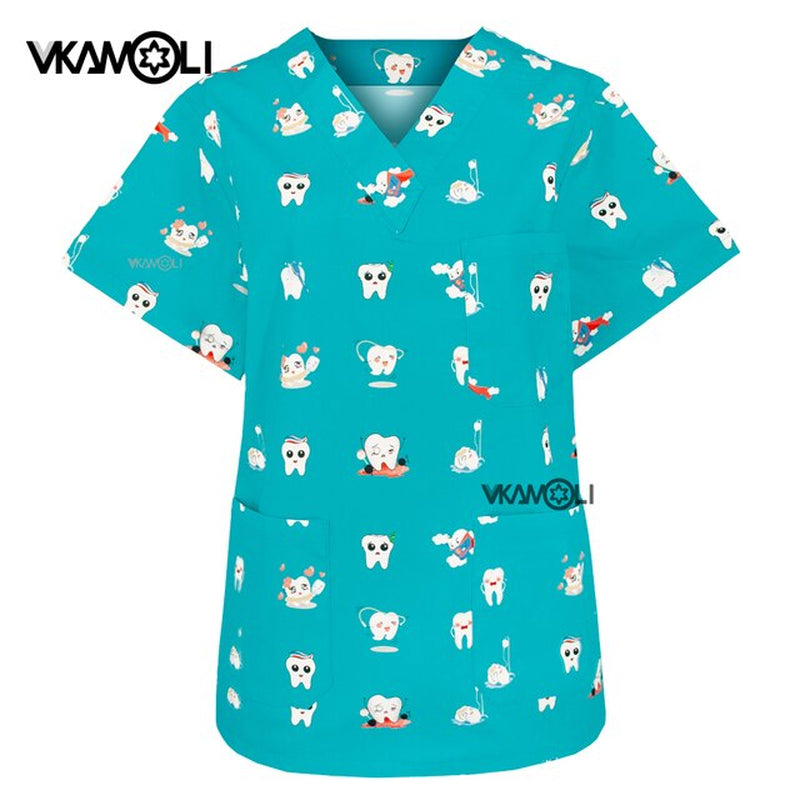 New Medical Scrubs Uniform Nursing Women T Shirt Dental Clinic Doctor Working Clothes Tops Tooth Printing Scrubs Set for Women