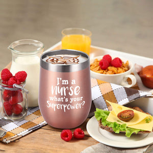 Nurse Day Idea for Women, Wine Tumbler with Lid and Straw, I'M a Nurse Stainless Steel Wine Tumbler Funny Nurse Idea for Nurses Week, Graduation, New Nurse(12 Oz, Rose Gold)