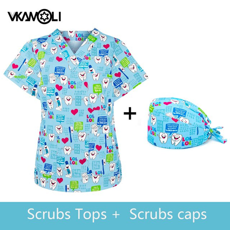 New Medical Scrubs Uniform Nursing Women T Shirt Dental Clinic Doctor Working Clothes Tops Tooth Printing Scrubs Set for Women