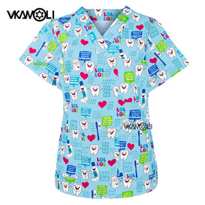 New Medical Scrubs Uniform Nursing Women T Shirt Dental Clinic Doctor Working Clothes Tops Tooth Printing Scrubs Set for Women