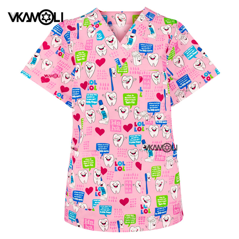 New Medical Scrubs Uniform Nursing Women T Shirt Dental Clinic Doctor Working Clothes Tops Tooth Printing Scrubs Set for Women