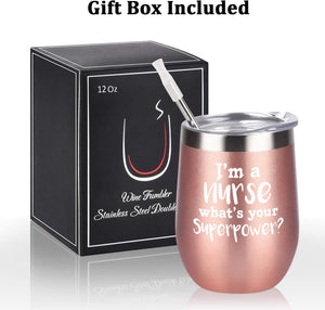 Nurse Day Idea for Women, Wine Tumbler with Lid and Straw, I'M a Nurse Stainless Steel Wine Tumbler Funny Nurse Idea for Nurses Week, Graduation, New Nurse(12 Oz, Rose Gold)