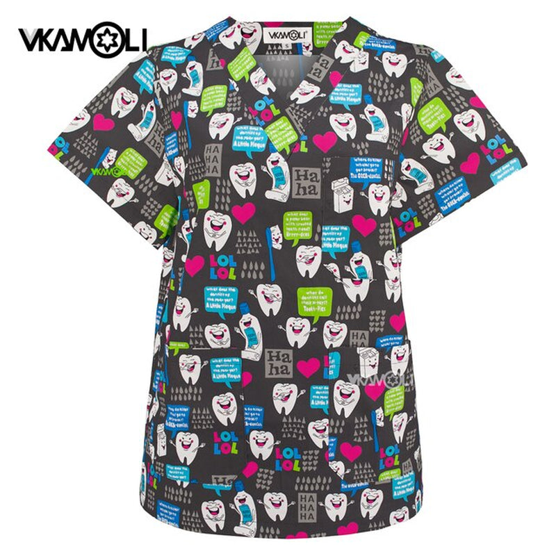 New Medical Scrubs Uniform Nursing Women T Shirt Dental Clinic Doctor Working Clothes Tops Tooth Printing Scrubs Set for Women