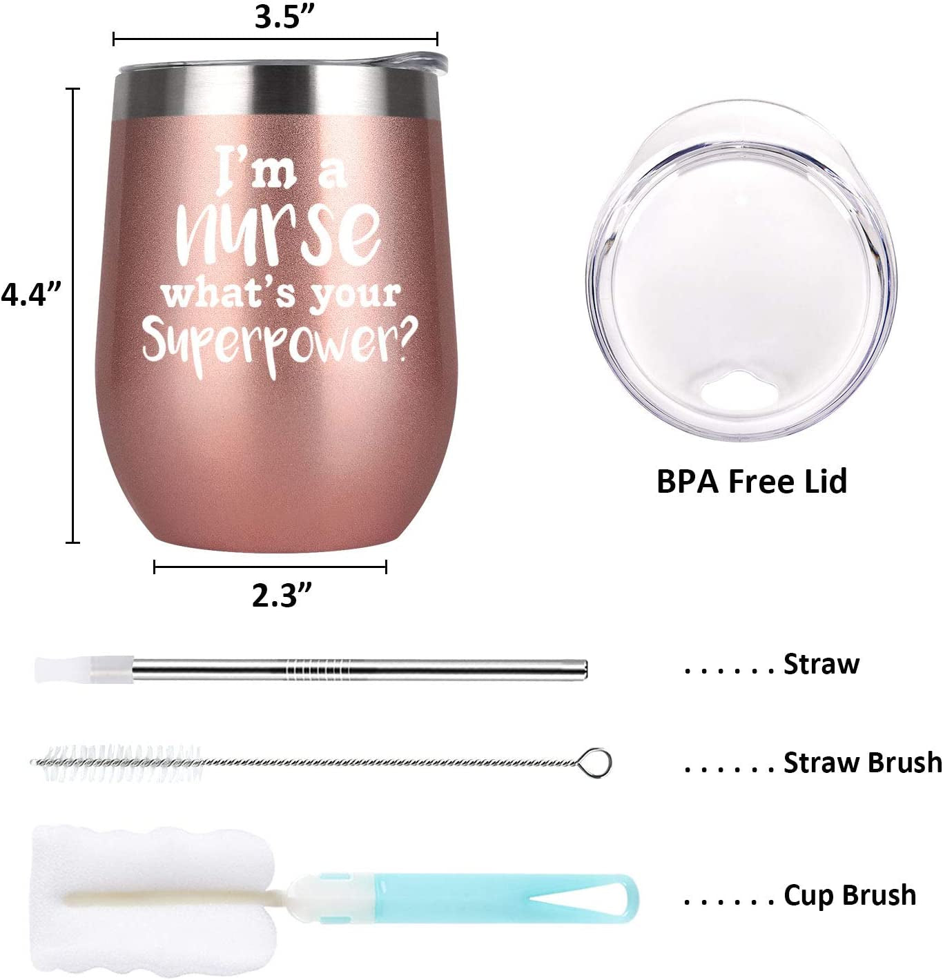 Nurse Day Idea for Women, Wine Tumbler with Lid and Straw, I'M a Nurse Stainless Steel Wine Tumbler Funny Nurse Idea for Nurses Week, Graduation, New Nurse(12 Oz, Rose Gold)