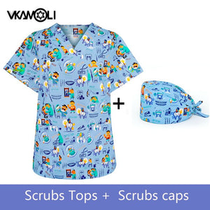 New Medical Scrubs Uniform Nursing Women T Shirt Dental Clinic Doctor Working Clothes Tops Tooth Printing Scrubs Set for Women